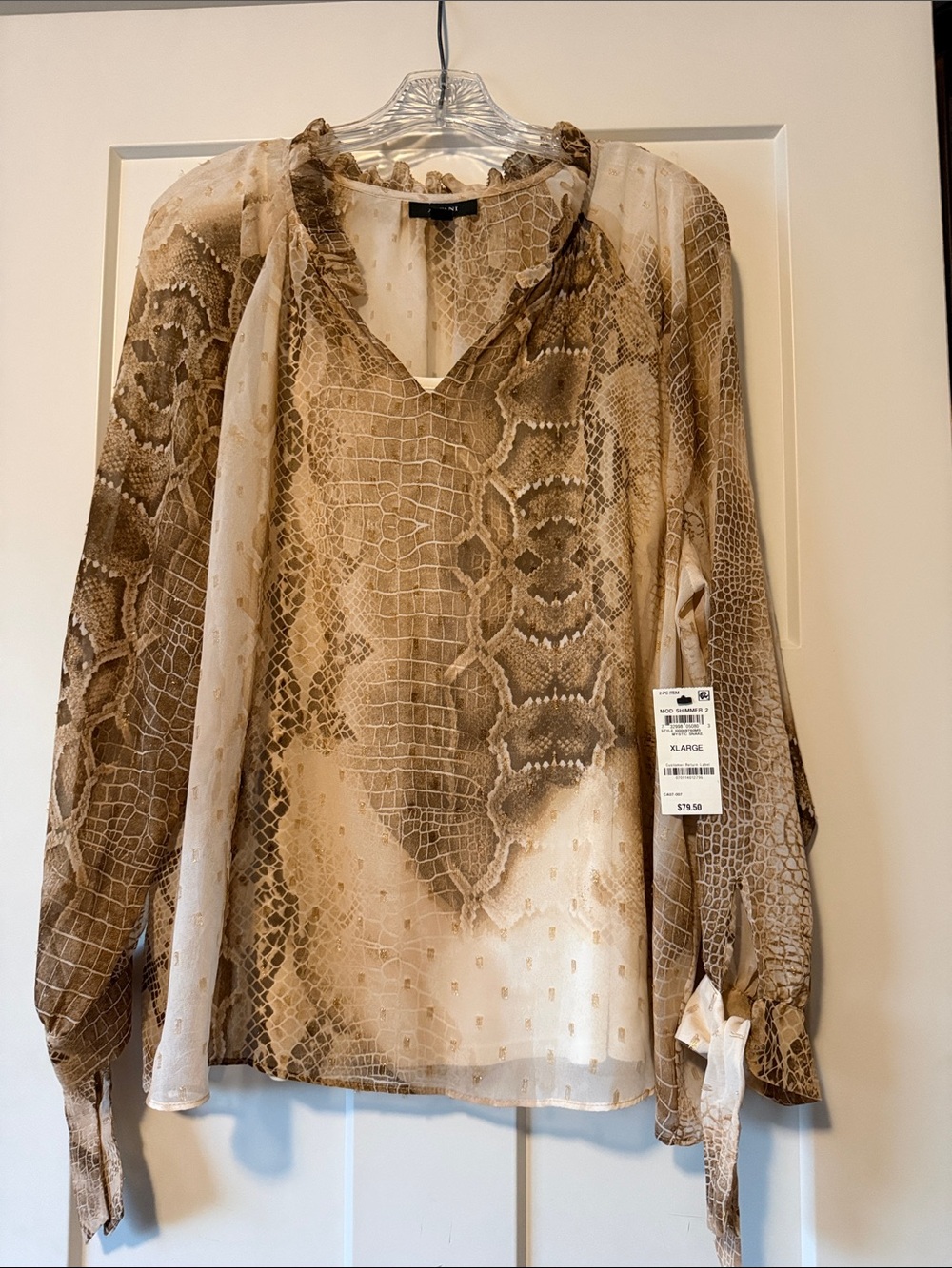 Alfani Beige Snake-Print Sheer V-Neck Blouse
